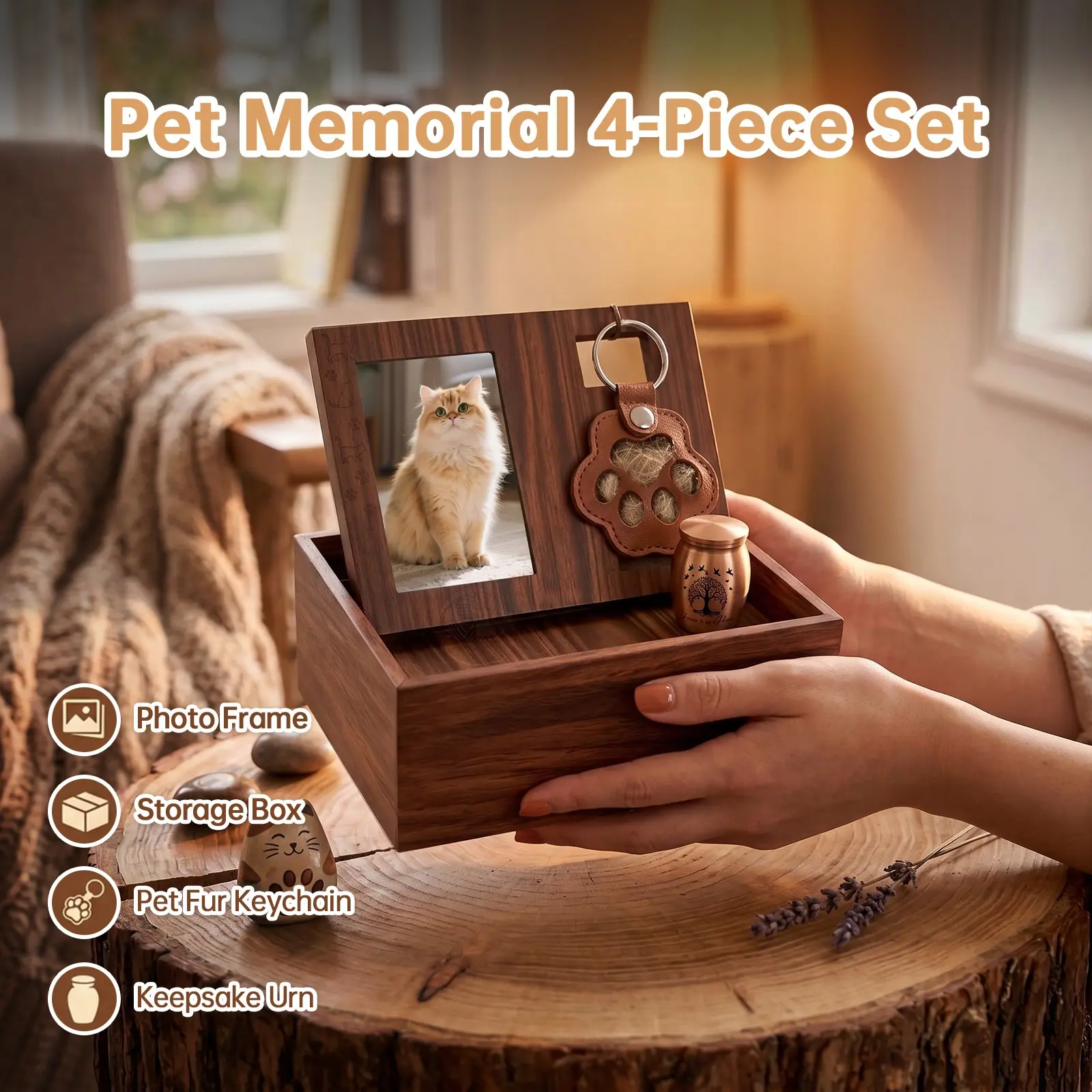 4-In-1 Pet Memorial Storage Frame, Cat Hair Keychain, Aluminum Ash Box, Keepsake Holder for Lost Pets, Memory Ornament