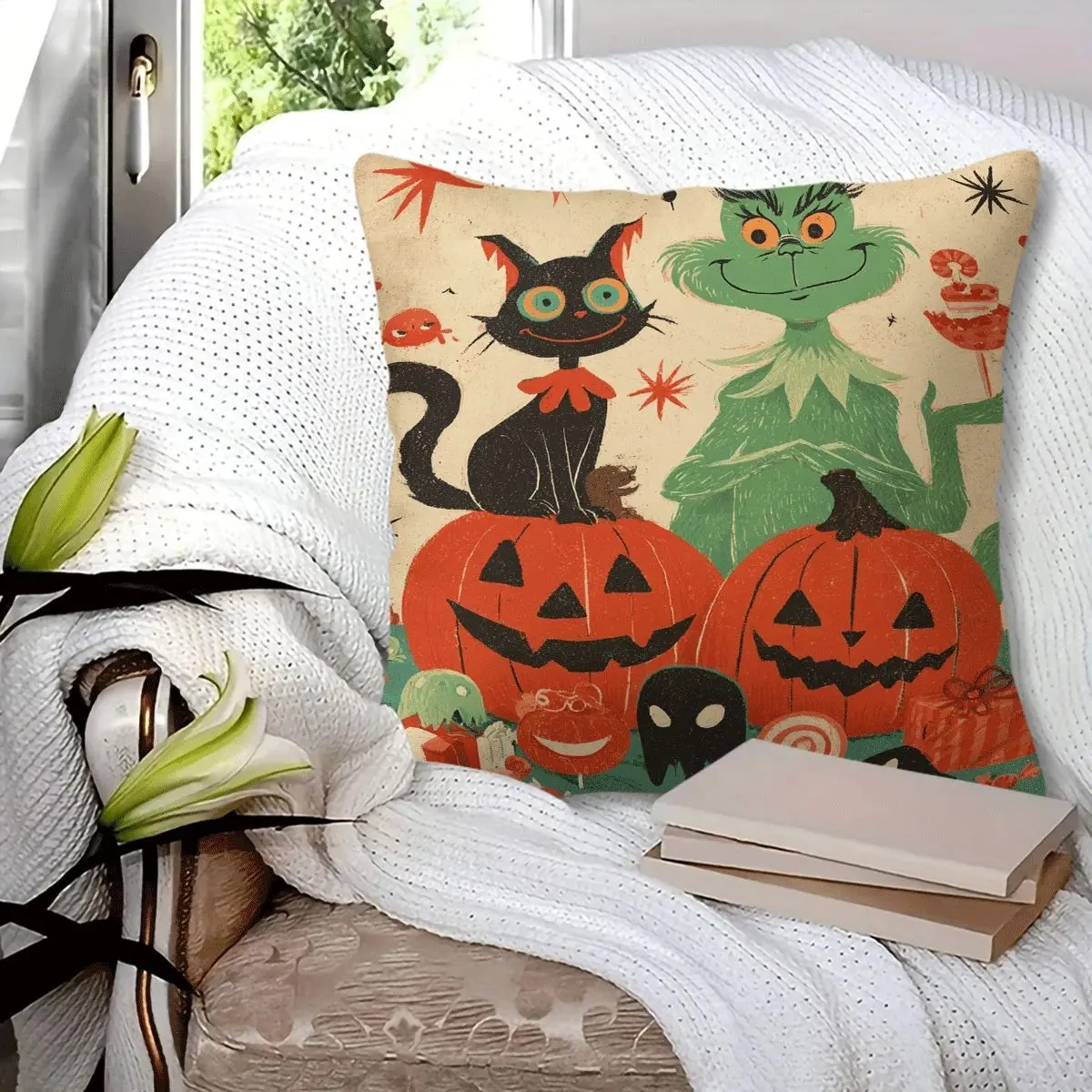 45x45cm 1Pc Vintage Halloween Grinch & Black Cat Pumpkin Jack-o'-lantern Print Throw Pillow, soft fluffy durable decorative cushion, perfect for living room bedroom sofa couch bed decor, great small holiday festival gift