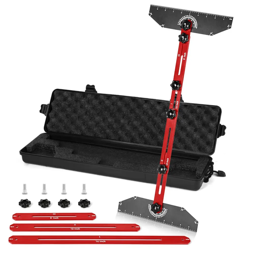 Stair Tread Template Tool-PMMJ Framing Square Stair Tread Gauge Aluminum Alloy Measuring Tool Jig for Stairs,Risers,Partitions,Adjustable Sliding Installer with Black Storage Box(Red)