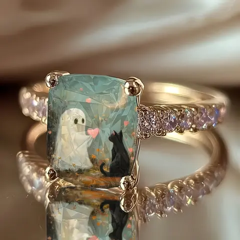 Light Luxury Gold Pavé Ghost and Black Cat Love‑Heart Oil Painting Style Square, Retro Healing Fashion Jewelry for Daily Styling, Gift for Girlfriends & Lovers, Elegant Fashion Rings