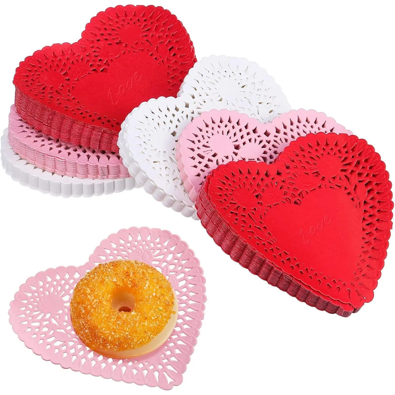 450 Pcs 4 Inch Valentine Heart Shaped Doilies Paper Doily Cutouts for Valentine Day Decor - White Pink Red