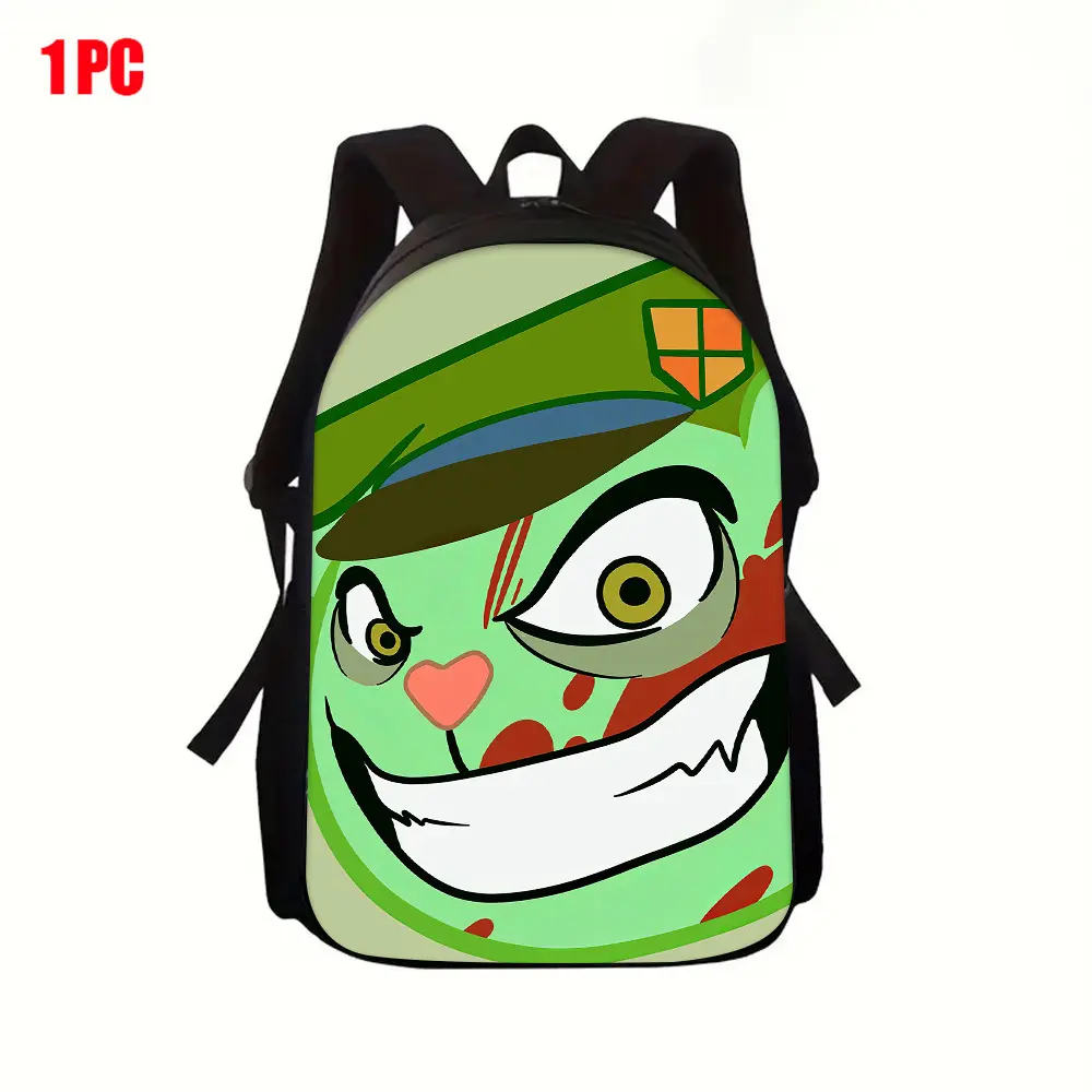 Happy Tree Friends Flippy Crazy Close-Up Portrait Backpack, Blood Stain Military Green Squirrel Cartoon Daypack, 600D Oxford Lightweight School Bag Padded Straps Fits 15-inch Laptop, Side Mesh Pockets Washable HTF Backpack for Cartoon Horror Game Teen Fan
