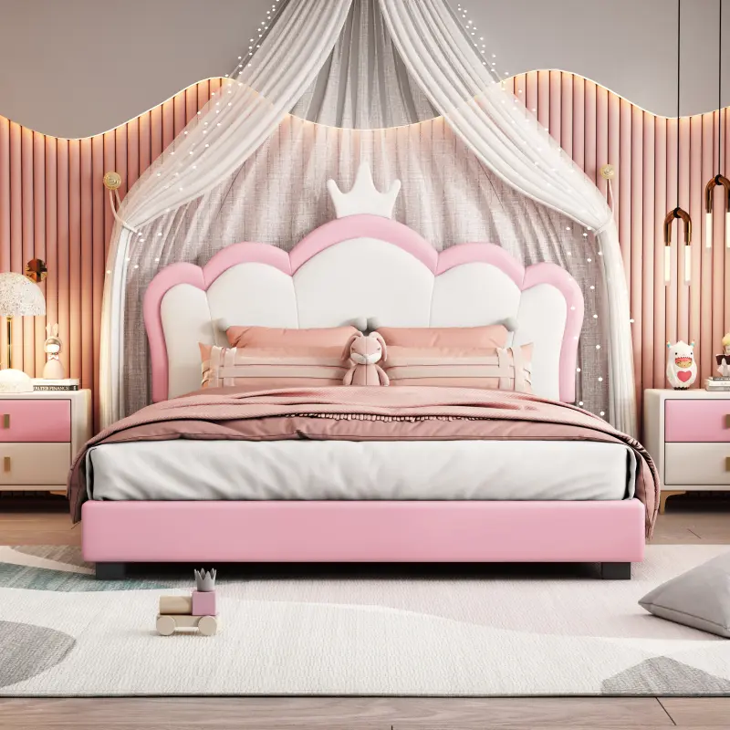 Full size Upholstered Princess Bed With Crown Headboard,Full Size Platform Bed with Headboard and Footboard, No Box Spring Needed, White+Pink