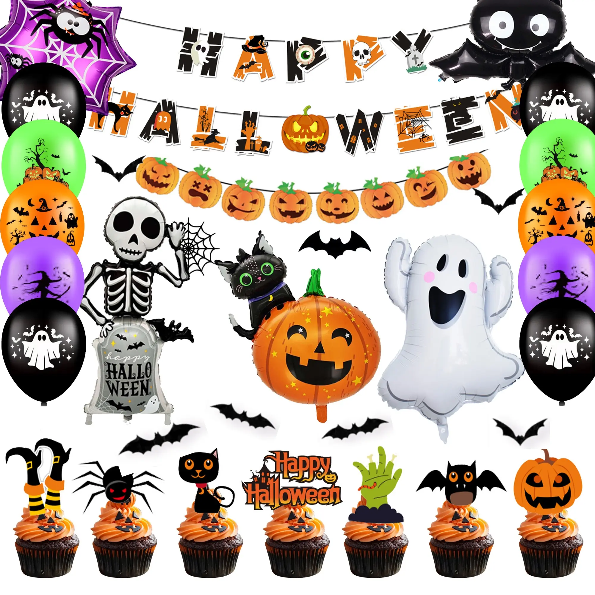 Halloween Party Decoration, 59pcs Halloween Decoration Set - Happy Halloween Banner Balloons Cake Decorations & Halloween Bat Decorations etc
