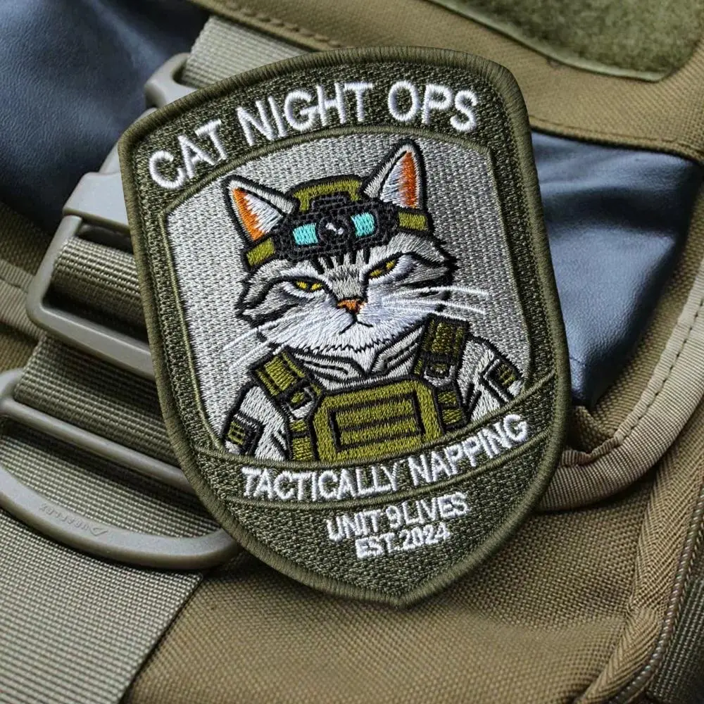 Cat Night Ops Patch Tactically Napping Funny Tactical Cat Morale Embroidered Hook and Loop Military Badge for Backpack Jacket