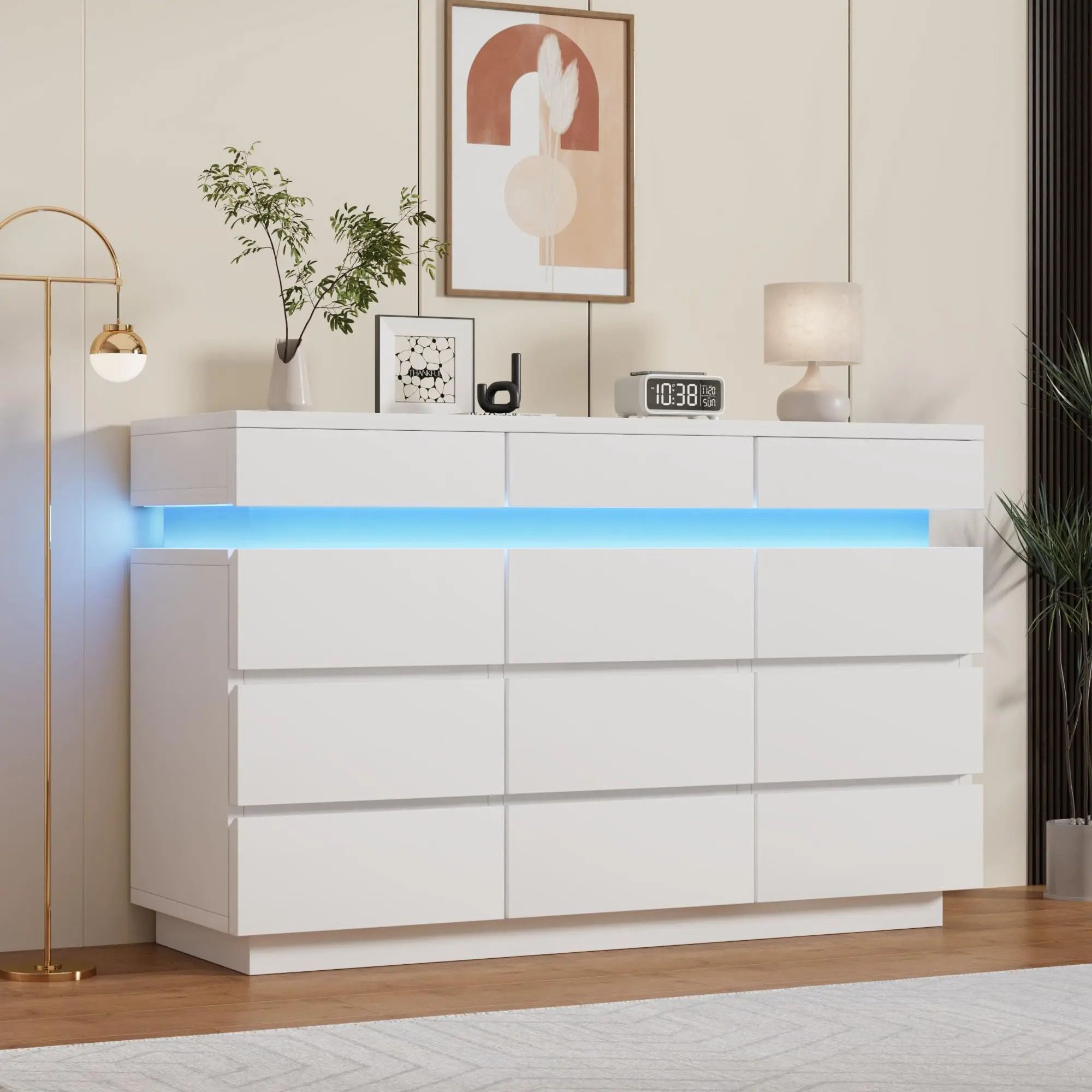 12 Drawer Dresser - 59" Wide Wooden Chest - LED Lighting - Ample Storage Drawers - Anti-Tipping Structure - Contemporary Bedroom Living Room Furniture, White/Black(2 Boxes)