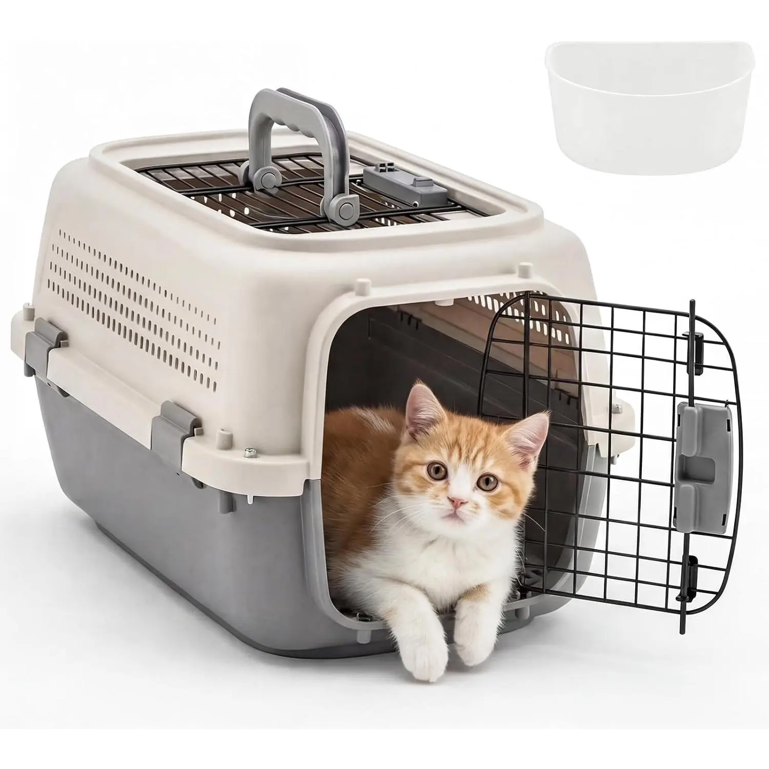 23" Hard-Sided Airline Approved Travel Crate for Small Dogs, Airline Safe Pet Carrier with Enhanced Security Latches, Front Load & Top Load Wire Doors, Food Bowl - Beige&Grey (for Hiking, Camping)