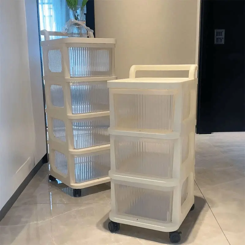 Cream-Style Rotatable Small Cart Organizer Storage, Movable Floor-Standing Baby Toy & Supplies Cabinet