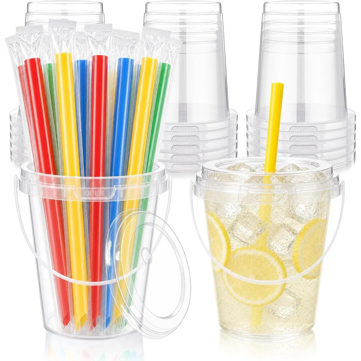 30 Pack 34 oz Drink Buckets with  and Straws, Clear Bucket Cups | Colorful Drink Display, Party Drink Setup, Easy Carry Handle,  Color Straws, Fruit , Iced Coffee, Birthday, BBQs