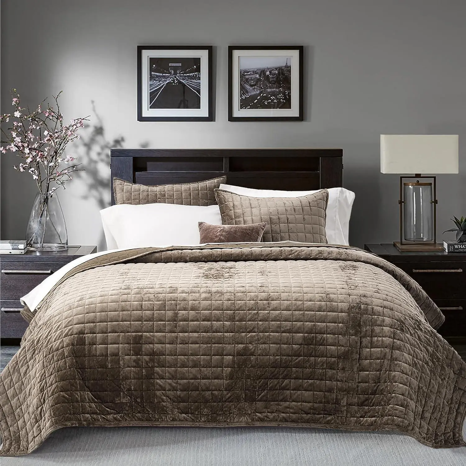 Channel Box Stitch Velvet Quilt Set, King Size, Mocha Brown | Ultra Soft Lightweight Velvet Comforter, Luxury Oversized Bedspread Coverlet, Quilted Bedding Set for All Season with 2 Shams