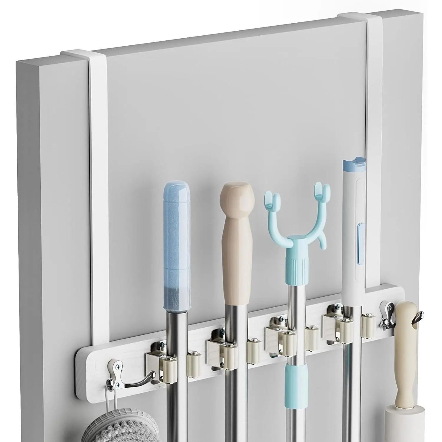 Lorbro Broom Holder Door Mount, Wood Over the Door Broom and Mop Holder | 4 Slots 4 Hooks, No Drill Setup, EVA Protection Pads, Secure Grip, Laundry Garage Closet Kitchen Use, White