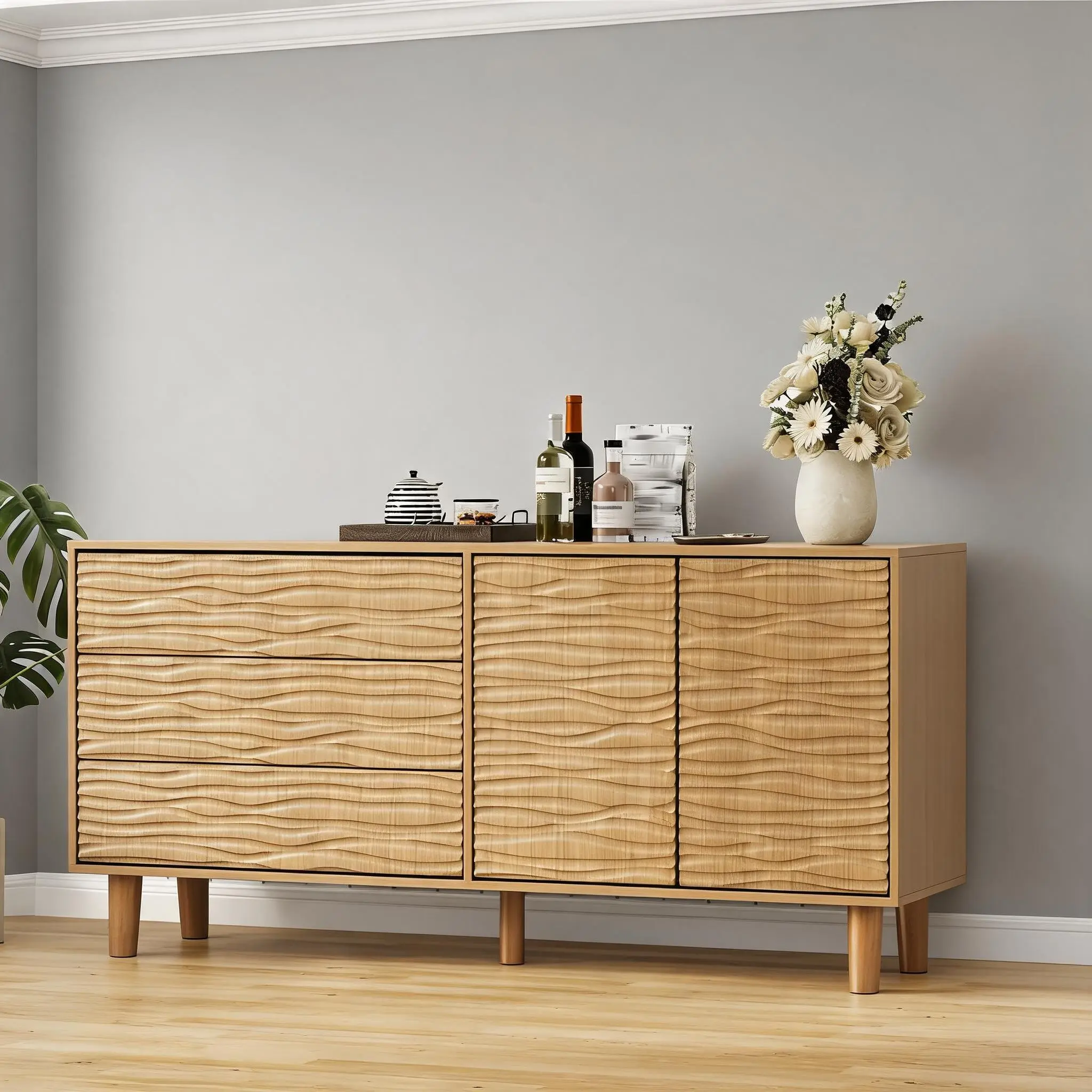 61 Inch Mid Century Sideboard Buffet Cabinet with 3 Drawers 2 Doors Undulating Groove Design for Dining Room Living Room Teak Brown Finish, One-Piece, Teak Finish