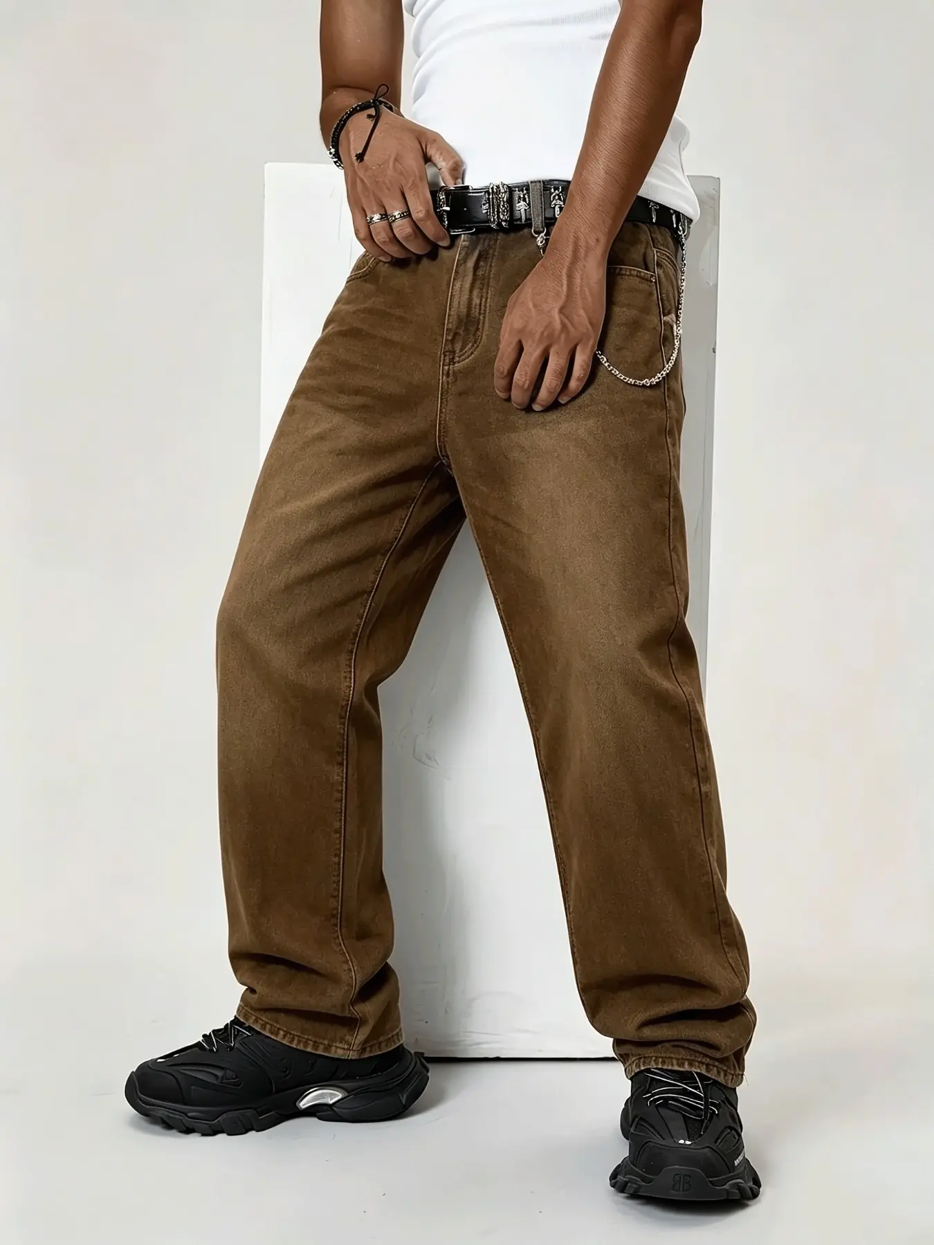 Men's Coffee Straight Leg Jeans, Streetwear Style, Simple and Versatile Casual Long Pants, Comfortable and Trendy