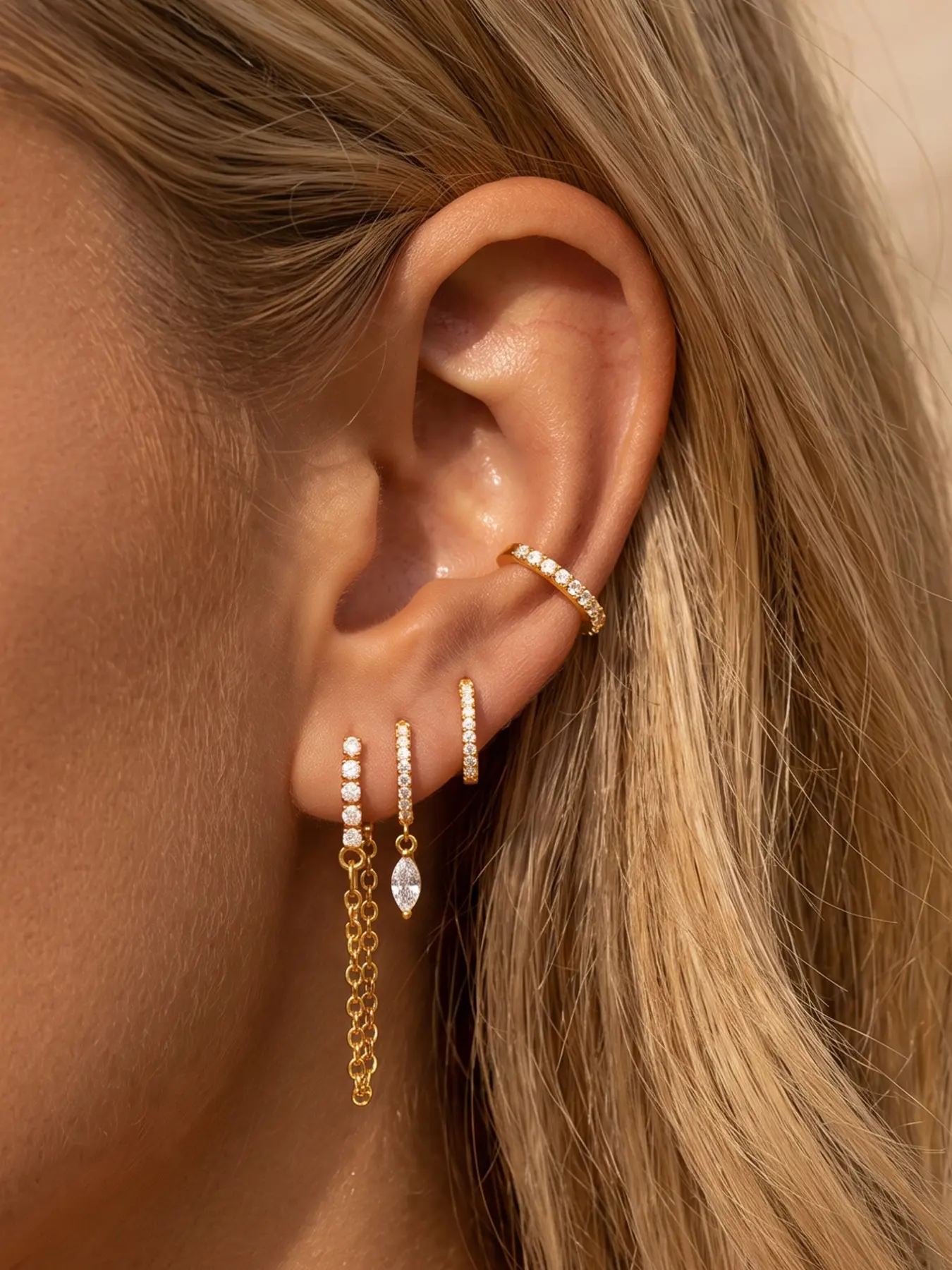4pcs Marquise Zircon Stackable Earrings, Cartilage Cuff Long Double Chain Tassel, Hypoallergenic Jewelry for Women