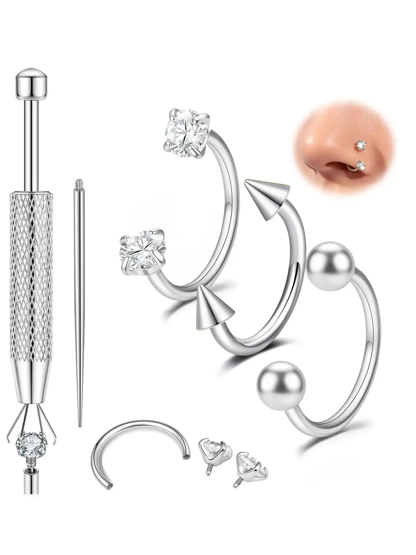 20Gauge Horseshoe Nose Ring, Surgical Steel Hoops with Double Cz Gems, Hypoallergenic Septum Ring, Small Cartilage Helix Tragus Daith Labret Jewelry 8mm, Piercing Jewelry