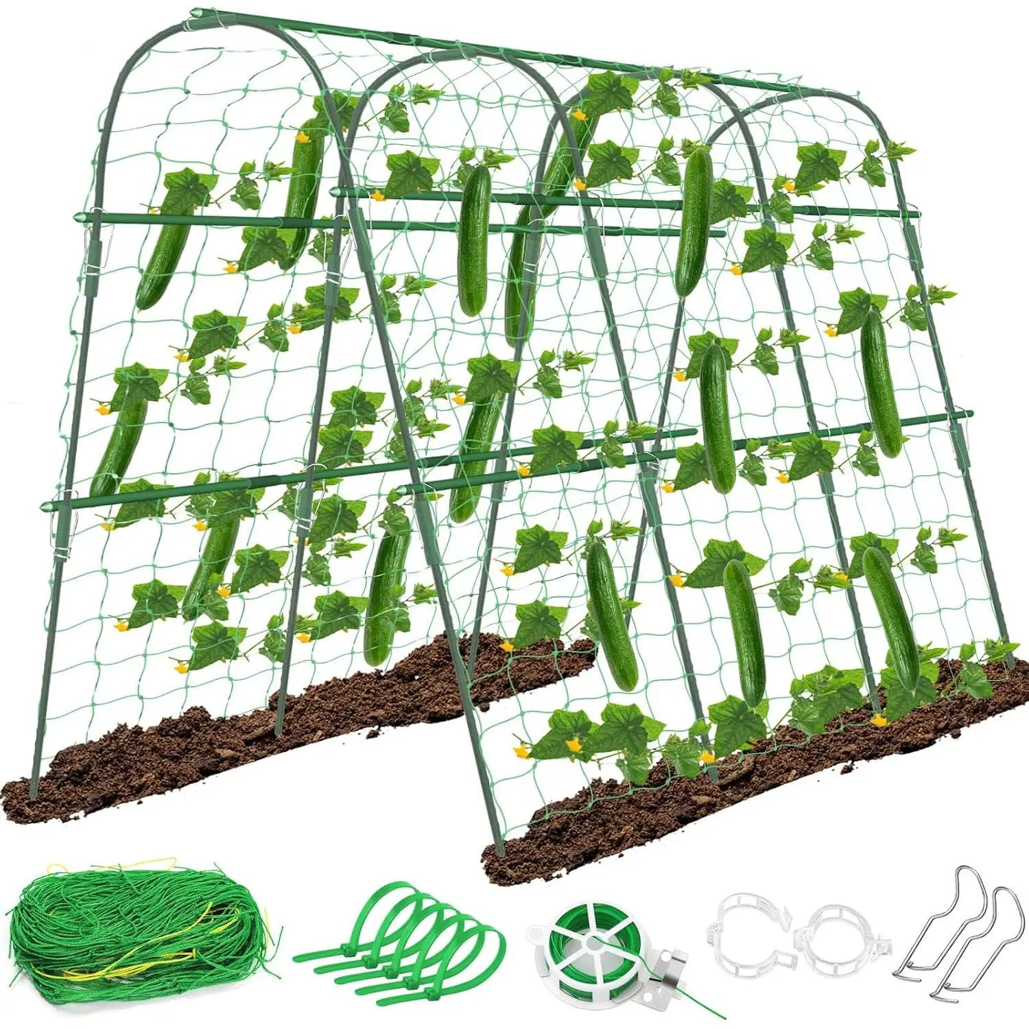 Cucumber Trellis for Raised Beds, 63 x 45 Inch U-Shaped Garden Trellis for Climbing Plants Outdoors with Climbing Net, Metal Detachable Arch Plant Support Vegetable Trellis