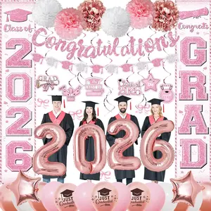 Pink Graduation Decorations Class of 2026, Rose Gold 2026 Graduation Party Decorations, Porch Sign Grad Congratulations Banners Balloons Hanging Swirls Pompoms Backdrop for College Supplies