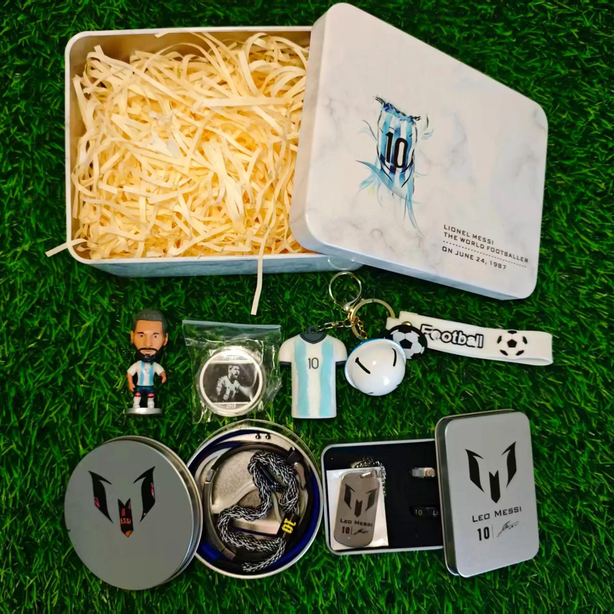 LM10 Theme Iron Tin Soccer Fan Ultimate Gift Bundle (1 Keepsake Box,1 Keychain,1 Figure,1 Necklace,2 Rings,1 Commemorative Coin,5 Wristbands) - 13-Item Premium Inter Miami Argentina No.10 Match Day Souvenir Set