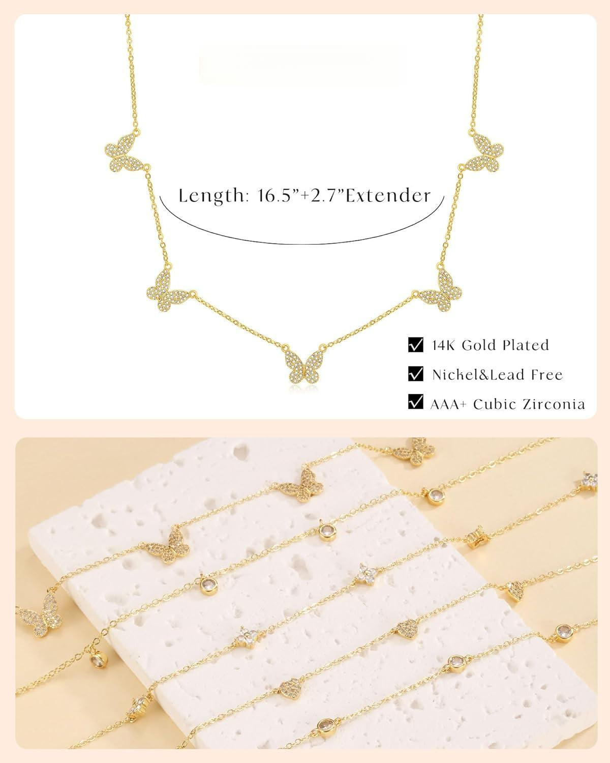 Dainty Silver Gold Necklaces for Women Trendy Non Tarnish 14K Gold Plated Cubic Zirconia Necklace Layered Cute Butterfly Heart Station Choker Necklace Stack for Wedding Prom Brides Jewelry