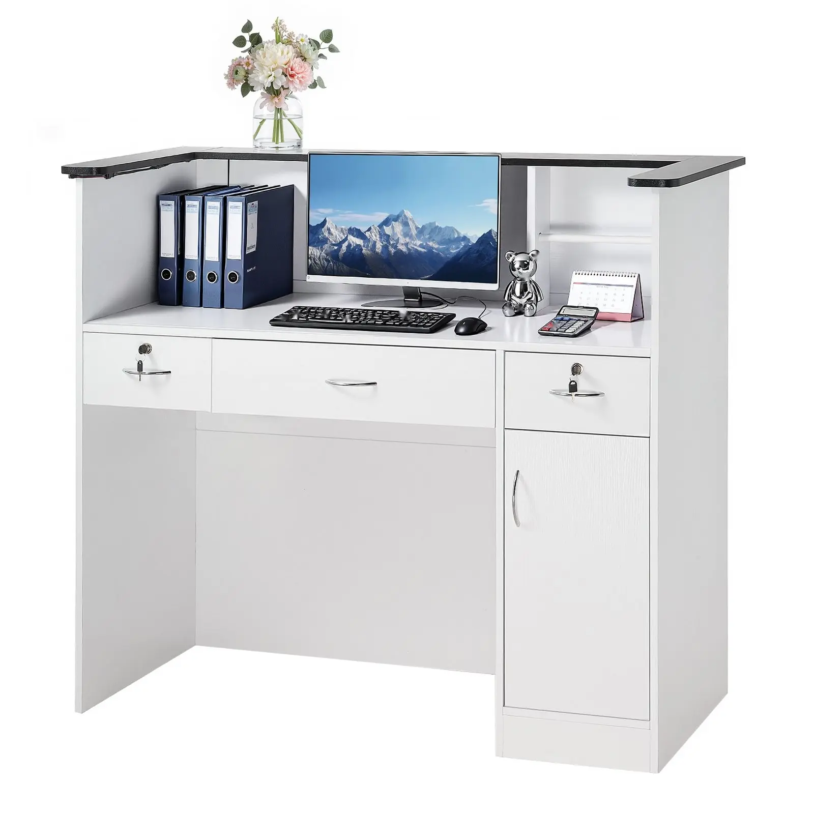 50-Inch Minimalist Rectangular Commercial Office Reception Desk - Particle Board Single Unit, LED Lights, 3 Drawers, Storage Cabinets, Quick-Setup Front Counter for Lobby, Salon