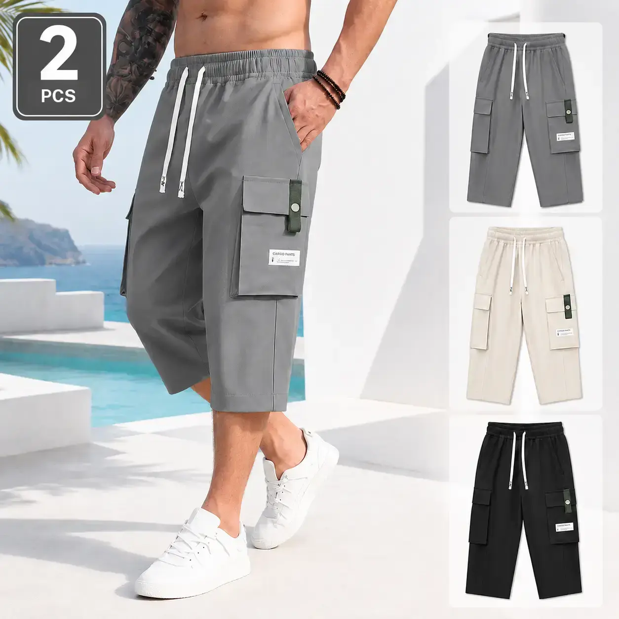 2 PCS Men's 3/4 Length Cargo Capri Pants Set, Lightweight Breathable Summer Casual Pants with Elastic Waist Drawstring, Multi Pockets, Comfortable Loose Fit Sports Gym Outdoor Beach Streetwear Travel Trousers for Men, Black Grey Beige