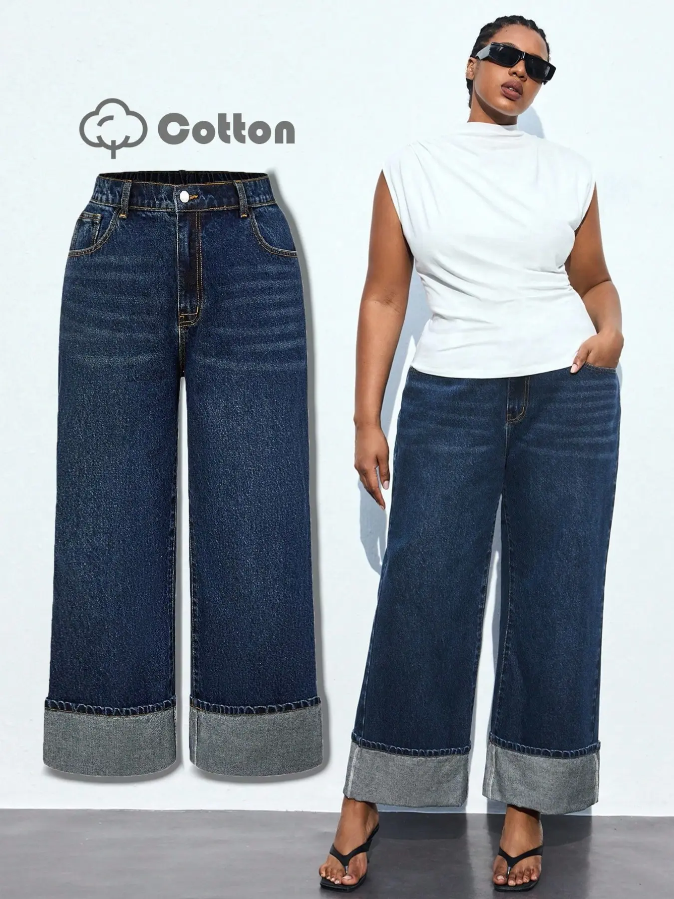 Plus Size Women's Light Wash Cotton Denim Jeans, Loose Fitting Jeans, Comfortable Loose Fit High-Waist Wide-Leg Rolled Hem Pants for All Seasons