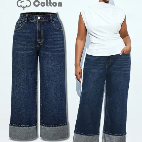 Plus Size Women's Light Wash Cotton Denim Jeans, Loose Fitting Jeans, Comfortable Loose Fit High-Waist Wide-Leg Rolled Hem Pants for All Seasons