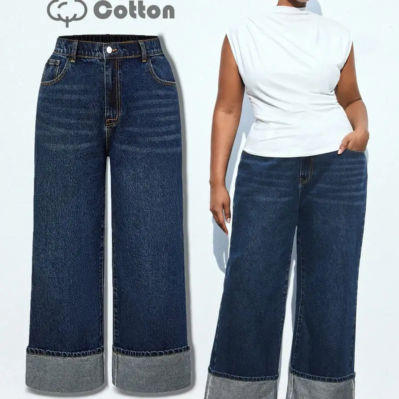 Plus Size Women's Light Wash Cotton Denim Jeans, Loose Fitting Jeans, Comfortable Loose Fit High-Waist Wide-Leg Rolled Hem Pants for All Seasons