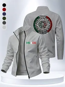 Mexican Aztec Sun Calendar Print Stand Collar Jacket, Men's Spring Fall Lightweight Full Zip Pocket Coat, Six Colors Versatile Casual Outerwear
