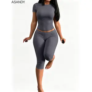 2 Pieces Set Women Round Neck Short Sleeve Solid Color T Shirt And 3 4 Capri Pants Soft Stretch Summer Yoga Casual Daily Street Matching Outfit Black 2026 New Arrival