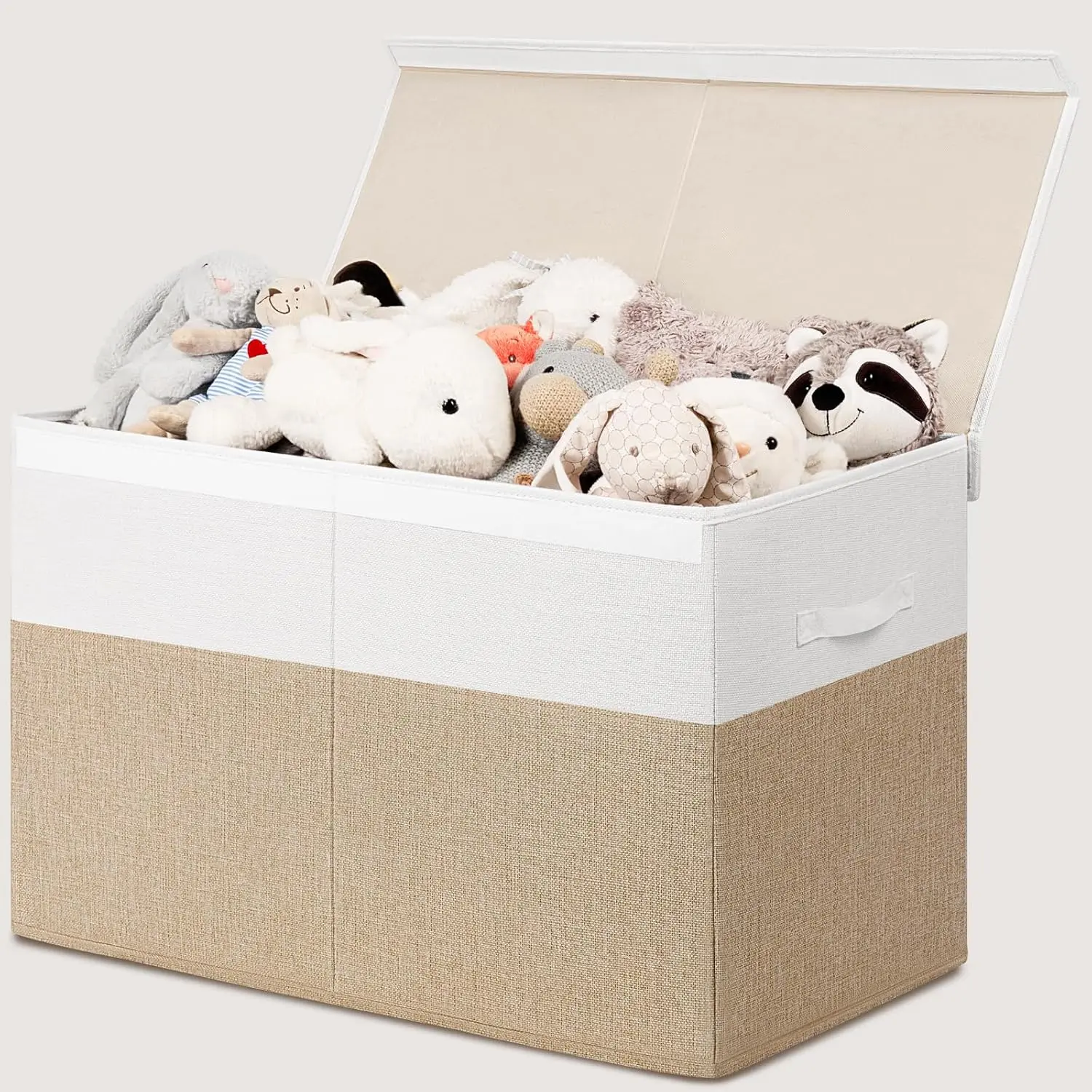 Large Toy Box with Lid, Collapsible Toy Storage Organizer Chest with Divider, Foldable Toy Bin for Kids Boys Girls Playroom Nursery Bedroom Living Room 25"x16"x13" (Beige & White)