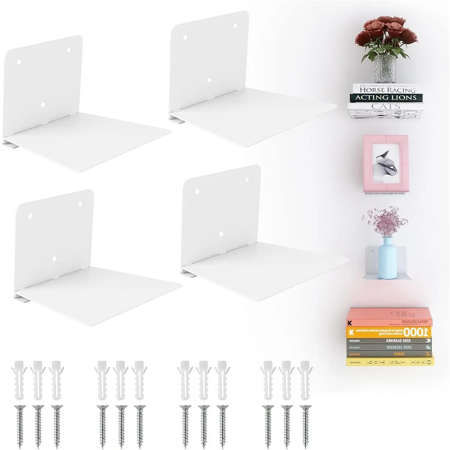 Invisible Floating Bookshelf, Wall Mounted Floating Bookshelves Heavy-Duty Book Organizers Hidden Book Shelf Metal Shelves Holder for Books Storage Bedroom Living Room Home Office, 4-Pack White