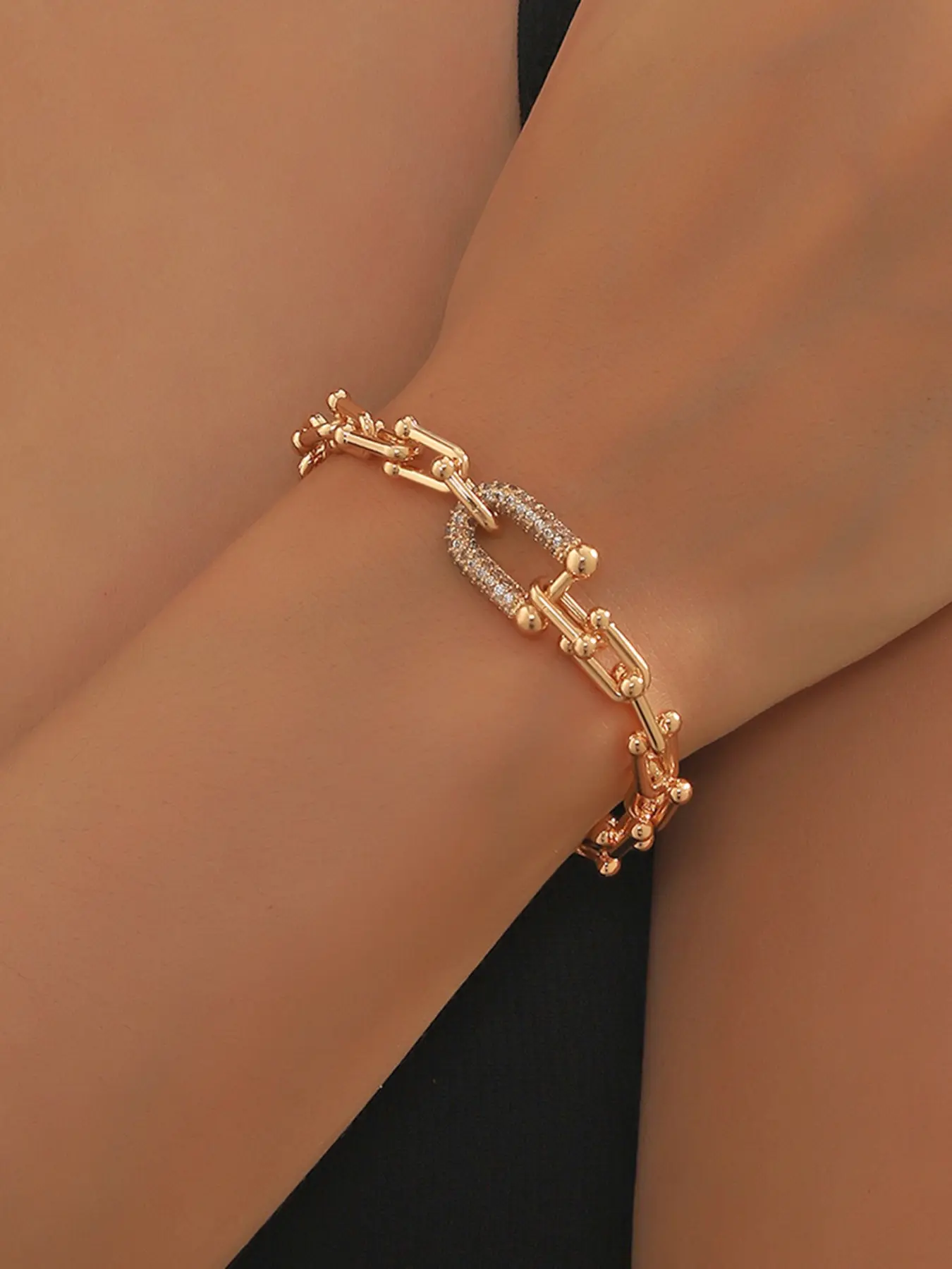 18k Gold Horsebit Clasp Elegant Rhinestone Necklace Bracelet, Dual Ring Copper Inlay Bamboo Link U-Shaped Clasp Fashion Jewelry