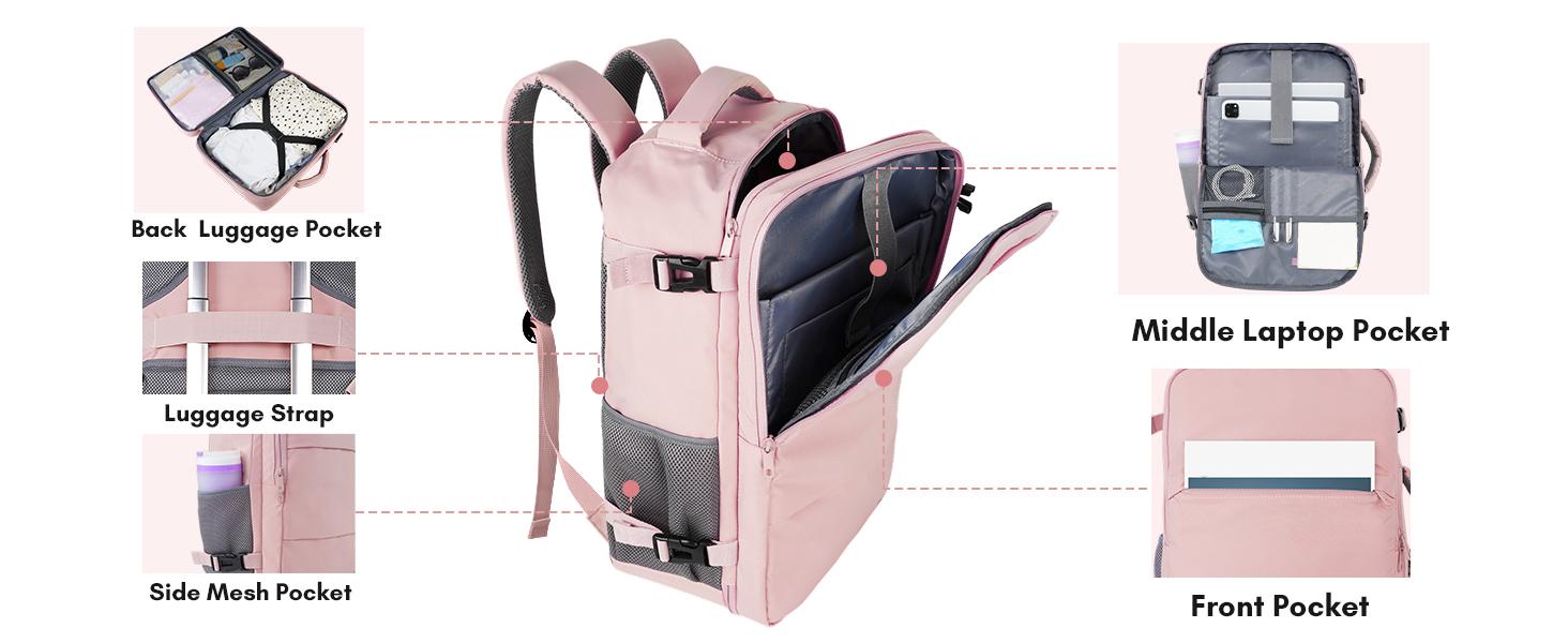 Taygeer Travel Backpack for Women, Carry On Backpack with Water Bottle Pocket & Shoe Pouch, TSA 15.6inch Laptop Mochila Flight Approved, Nurse Bag Casual Daypack for Weekender Business Hiking, Pink