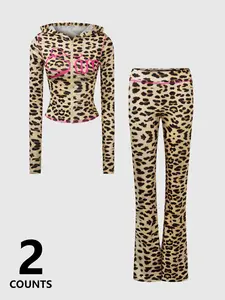 Women's Y2K Leopard Print Sportswear Set, Zipper Hooded Short Top + Bell Pants, Casual Home Wear, Street Style, Casual Sporty Set, Fall & Winter