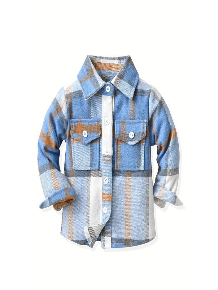 Kids' Preppy Plaid Long Sleeve Shirt, Cotton Blend,-Stretch Woven Fabric, Loose Fit with Lapel Collar, Button Placket, Regular Sleeve, Fall/Winter Warm for Boys Girls