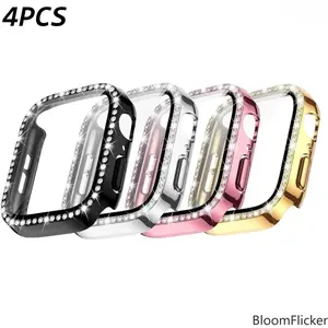 4‑pack single‑row bling rhinestone‑trimmed hard PC watch case with built‑in tempered glass. 2‑in‑one full‑protective bumper cover, fitting 38‑49mm smart‑watch sizes for Series 1‑11, SE & Ultra; watch device is not included