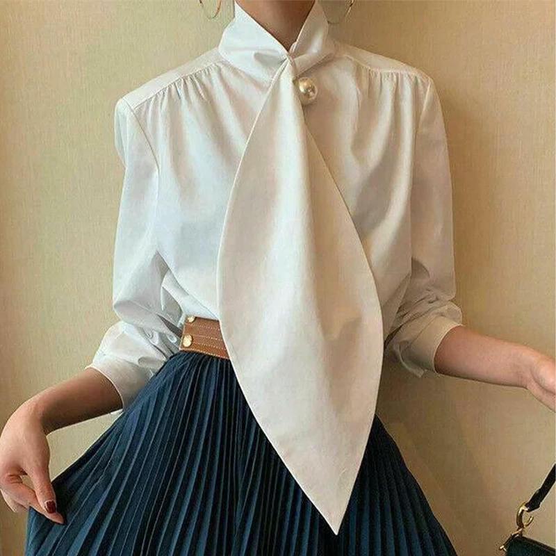 UOOZEE Women's White Loose Designer Tops - Fitted Long Sleeve Blouse, Non-Stretch Fabric, Minimalist Style, Casual Wear for All Seasons, Breathable Office Outfits, Cute Fall Outfits, Everyday Fashion