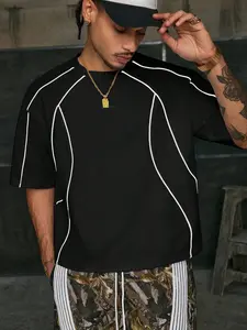 Neutral Contrast Line T-Shirt, Small Oval Patch Embroidery, Loose Sporty Short Sleeve Top, Streetwear & Casual Daily Wear