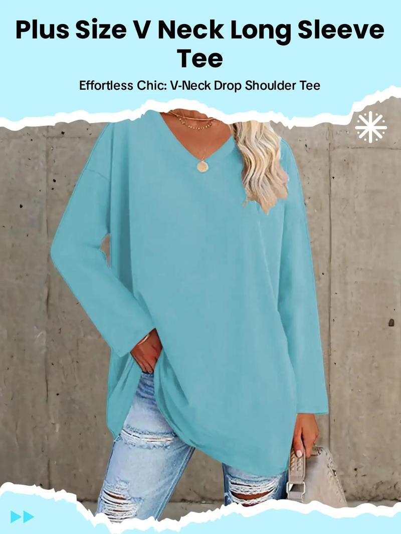 Plus Size Solid Drop Shoulder V Neck Tee, Casual Long Sleeve T Shirts for Women for Daily Wear, Women Plus Clothing for All Seasons, Fall Outfits, Fallfreshness Y2K, Fall clothes 2024 Plus Size Solid Drop Shoulder V Neck Tee, Casual Long Sleeve T Shirts for Women for Daily Wear, Women Plus Clothing for All Seasons, Fall Outfits, Fallfreshness Y2K, Fall clothes 2024