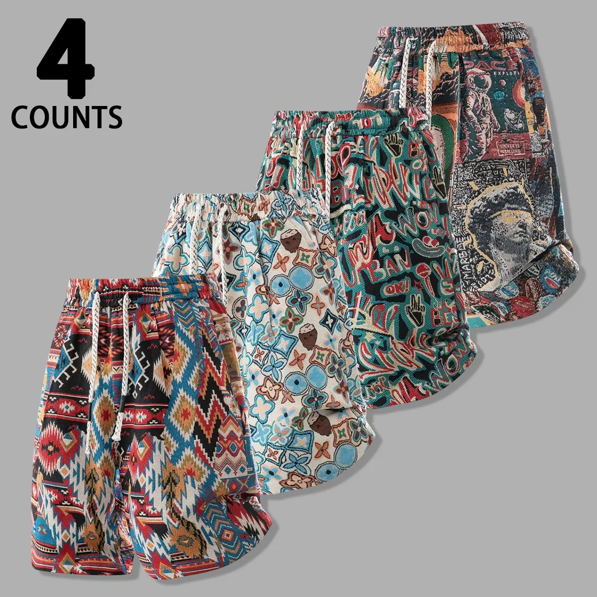 Men's four piece retro ethnic style full print casual shorts, equipped with high-quality woven drawstring elastic waist, lightweight and breathable loose five quarter pants, multi color beach shorts suitable for summer daily wear and outdoor travel.