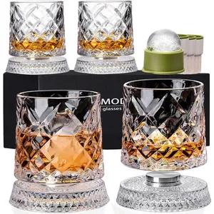 Spinning Whiskey Glasses Set of 4 With Iceball Molds, 9.5oz Lead-free Rotating Old Fashioned Rocks Glasses for Bourbon, Scotch, Liquor and Cocktails, Gifts for Whiskey-lovers