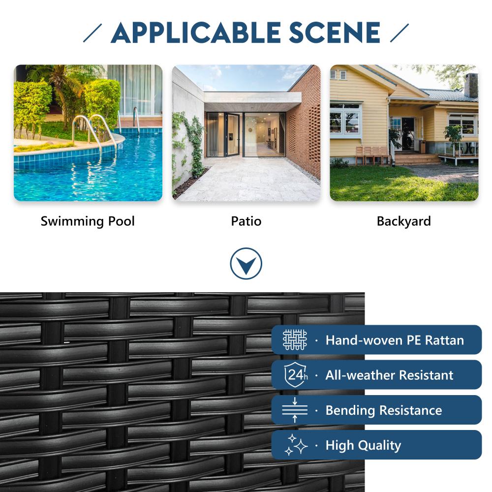 79.9" Outdoor Sunbed with Adjustable Canopy, Double lounge, PE Rattan Daybed, Black Wicker and Blue Cushion