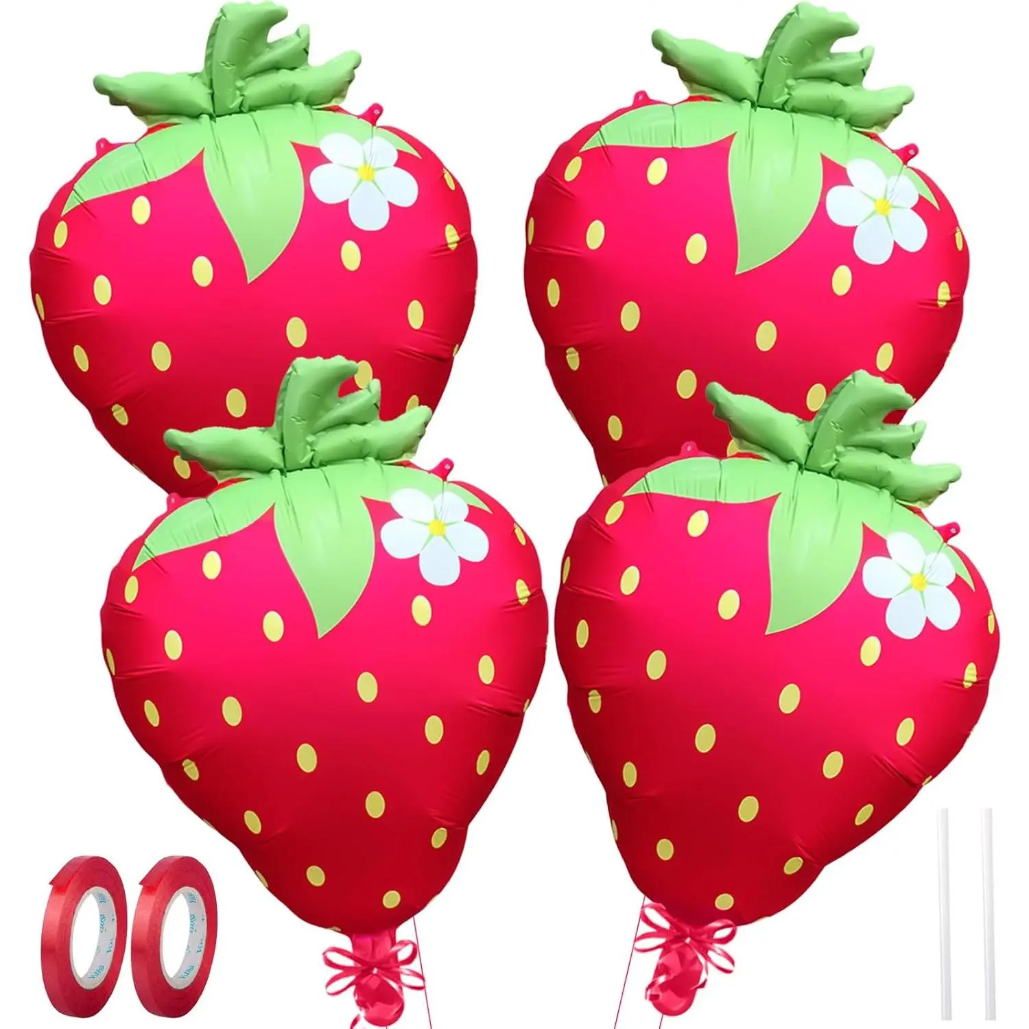 Strawberry Balloons 18" 4 count - Foil Balloons for Strawberry Birthday Decorations &  Shower Decorations, Durable foil Balloon Arch Kit,  Strawberry Themed Party