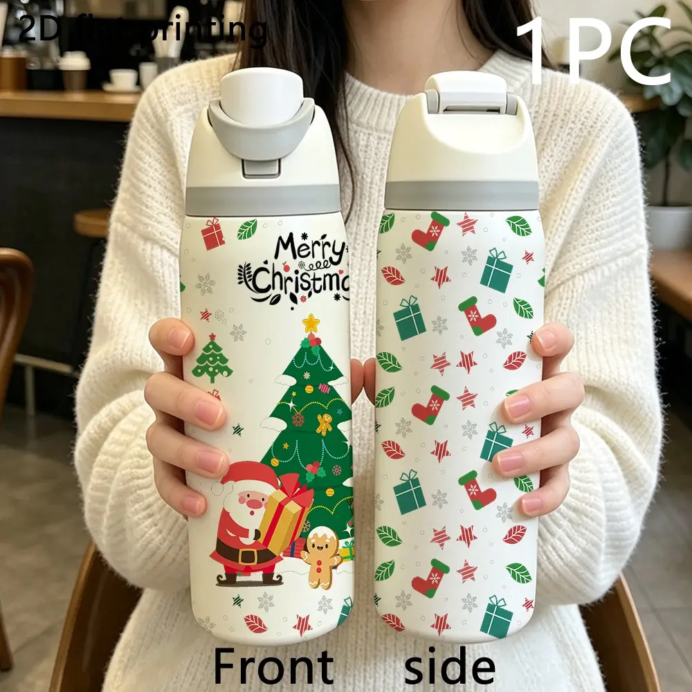 Merry Christmas Santa Tree Insulated Water Bottle, 304 Stainless Steel Travel Thermos, 32oz Dual-Layer Vacuum Flask, Ideal Gift