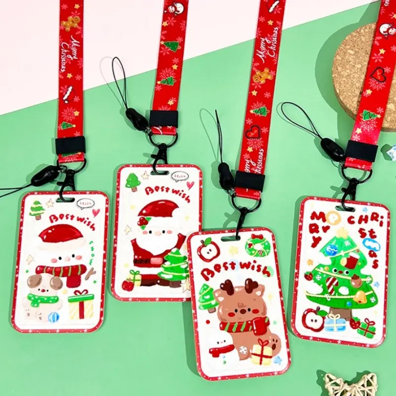 4 Styles Christmas Cartoon Lanyard ID Badge Holder, Xmas Santa Reindeer Tree Card Holder, School Kids Office Gift