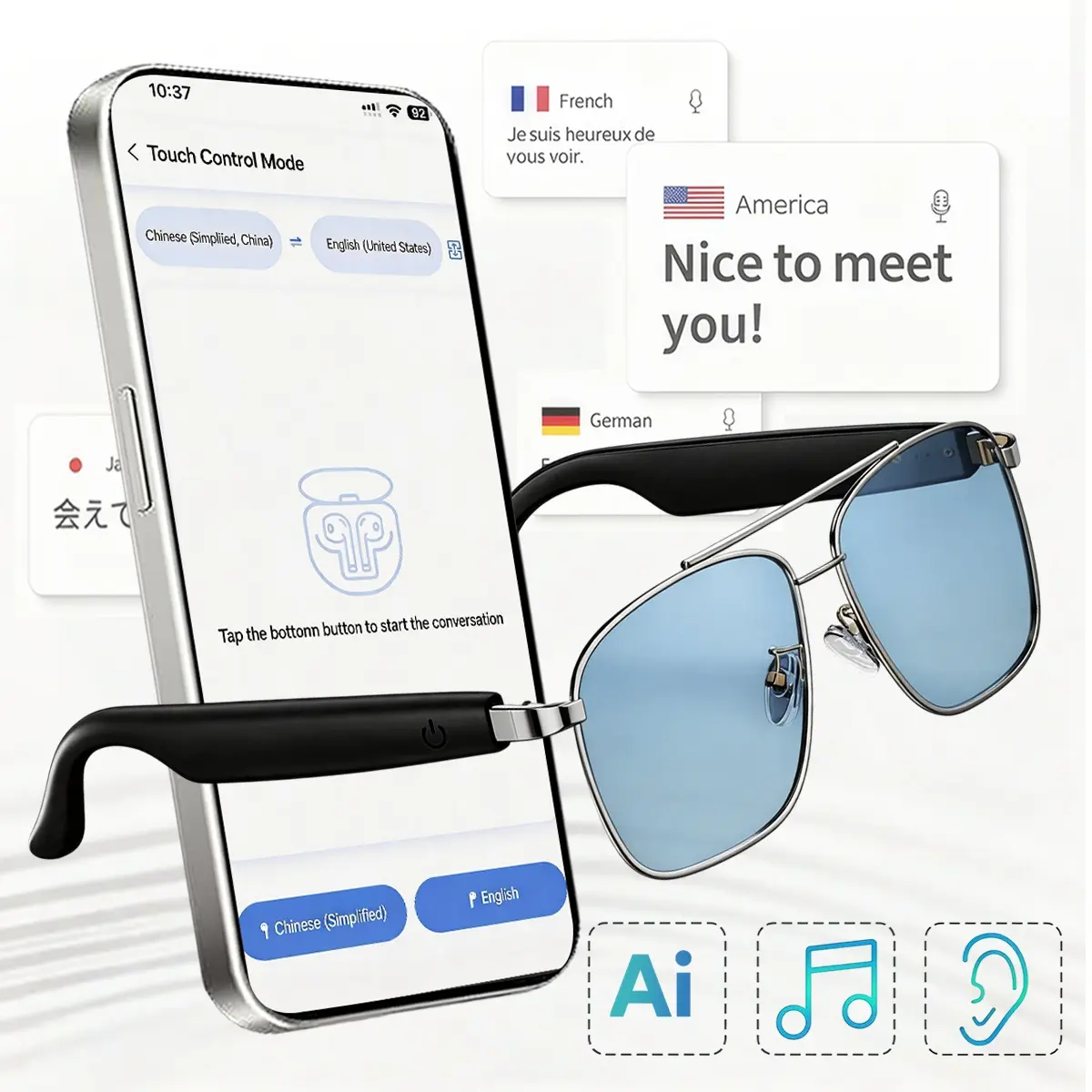 Smart Glasses for Men Women, AI Translation, Bluetooth Open-Ear Sound, Hands-Free Calls, Voice Assistant, Remote Camera Control, UV Protection, Practical Father’s Day Gift