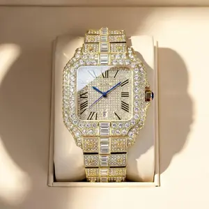 Vintage Square Santos Style Full Diamond Watch, Gold Plated All Over Rhinestone Bling Wrist Watch, Waterproof Quartz Luxury Hip Hop Dress Watch with Roman Numerals & Calendar Display