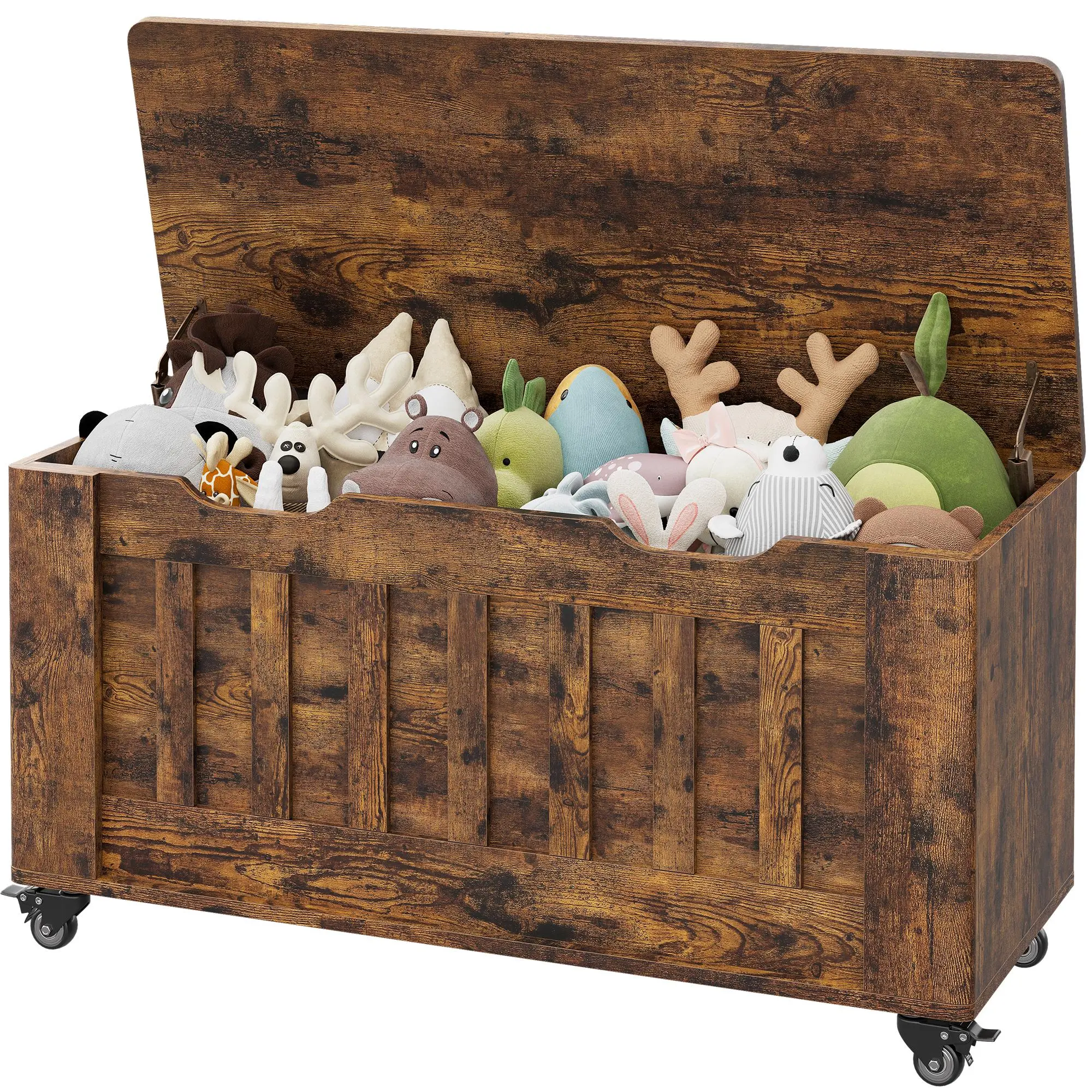 Sturdy Wooden Entryway Storage Bench with Wheels – 39.4'' Blanket Chest, 2 Safety Hinges, Supports 350 lbs, Rolling Trunk for Living Room or Bedroom, Rustic Brown