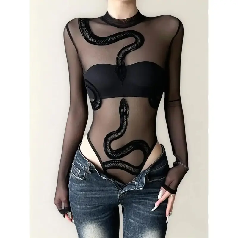 Sheer Velvet Snake Print Mesh Bodysuit, Sexy Slim-Fitting All-In-One for Summer, Elegant and Bold Fashion Statement